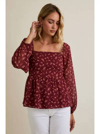 Gilli - Square Neck Puff Long Sleeve Smocking Back Ditsy Top