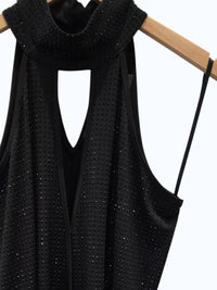 Sheri Bodell Women's Halter Mock Neck Beaded Sleeveless Top in black - women's tank top - detail view