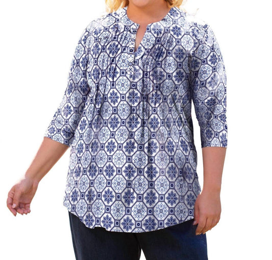 On The Plus Side - Printed Pleated 3/4 Sleeve Mandarin Collar Tunic Top