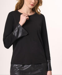 Angel Apparel Vegan Leather Trim Top in black - women's long sleeve top
