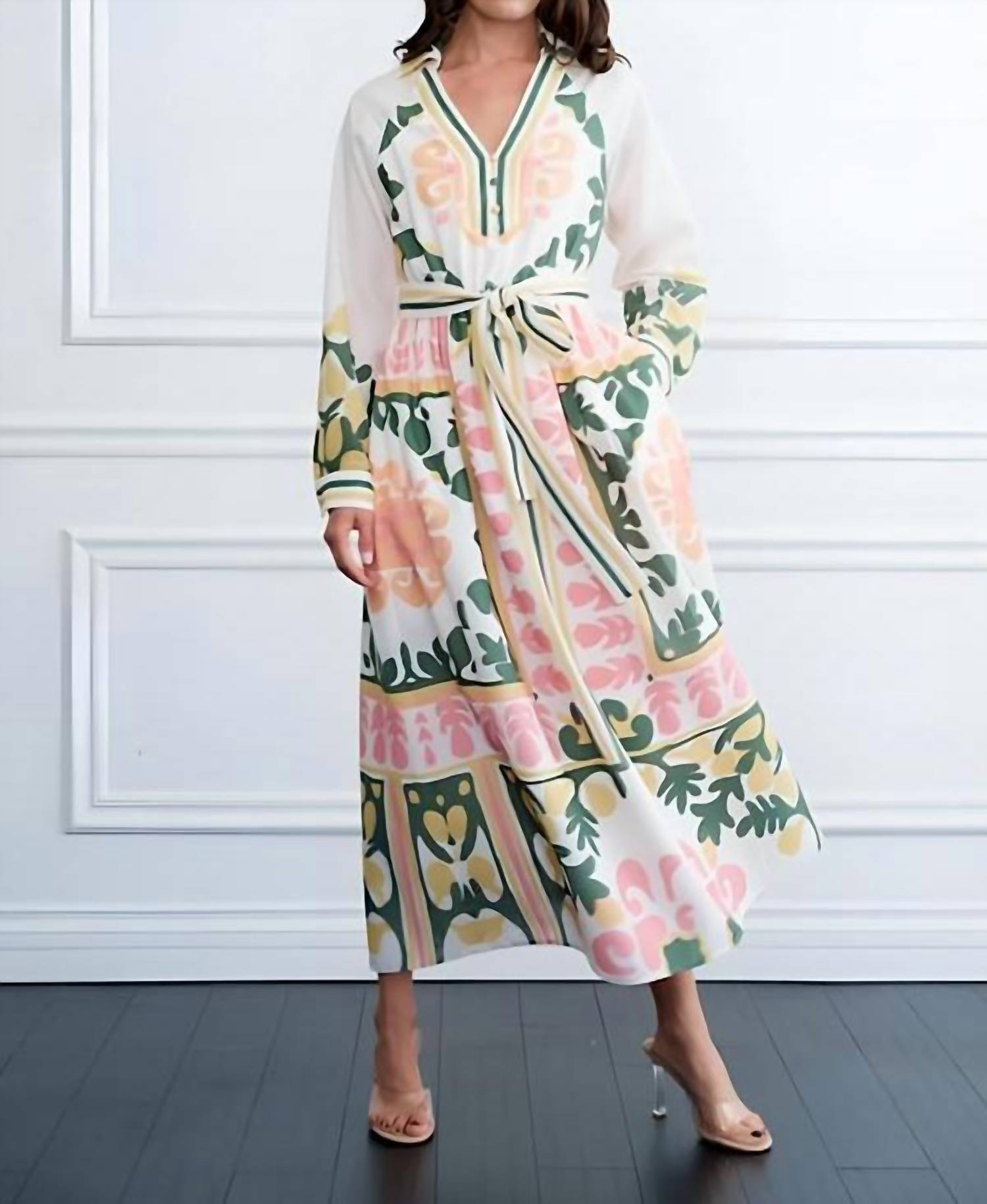 Ciebon - Belted Sleeve Collar Print Dress
