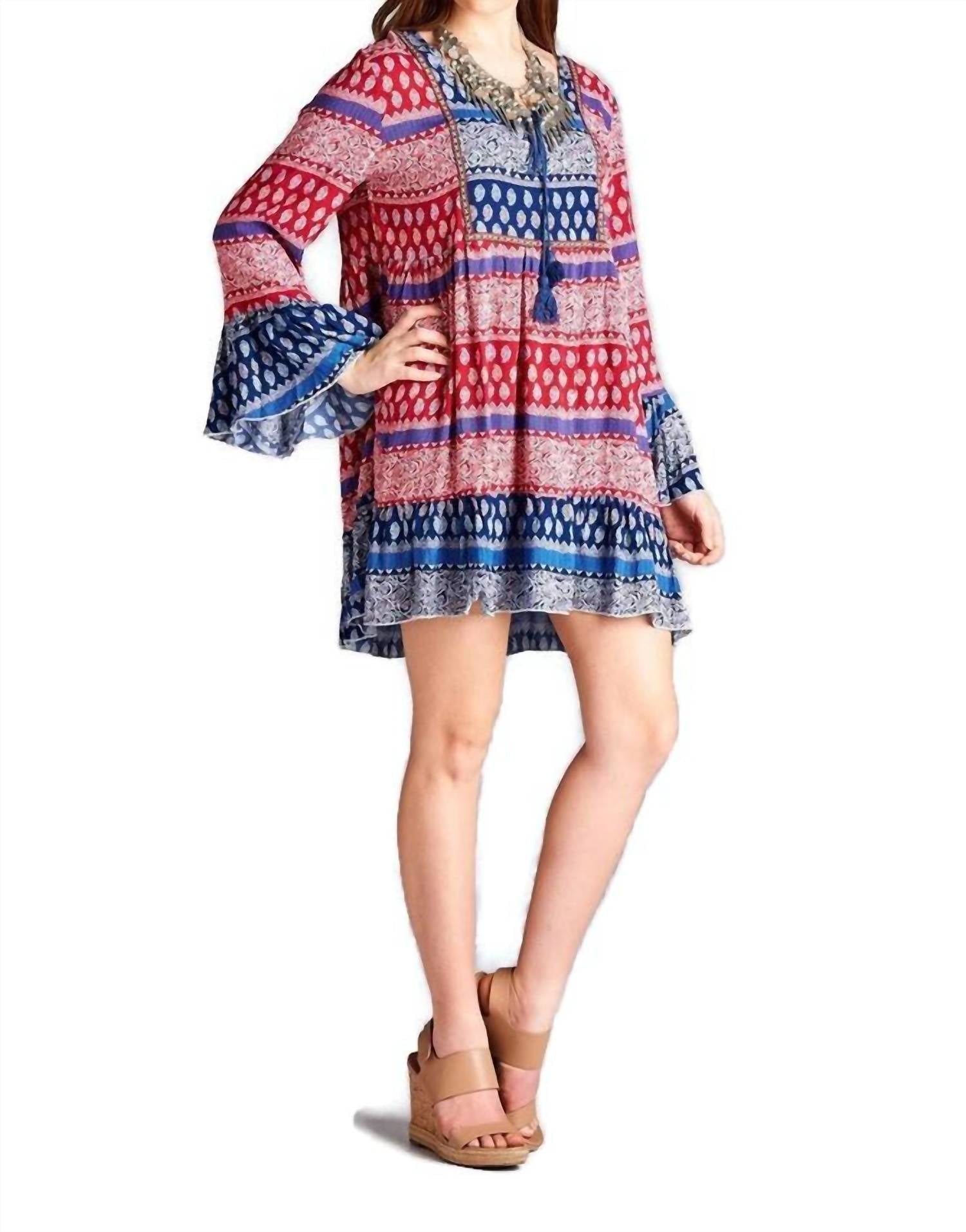 Velzera - Tassel Tie Bell Sleeve Mini Dress