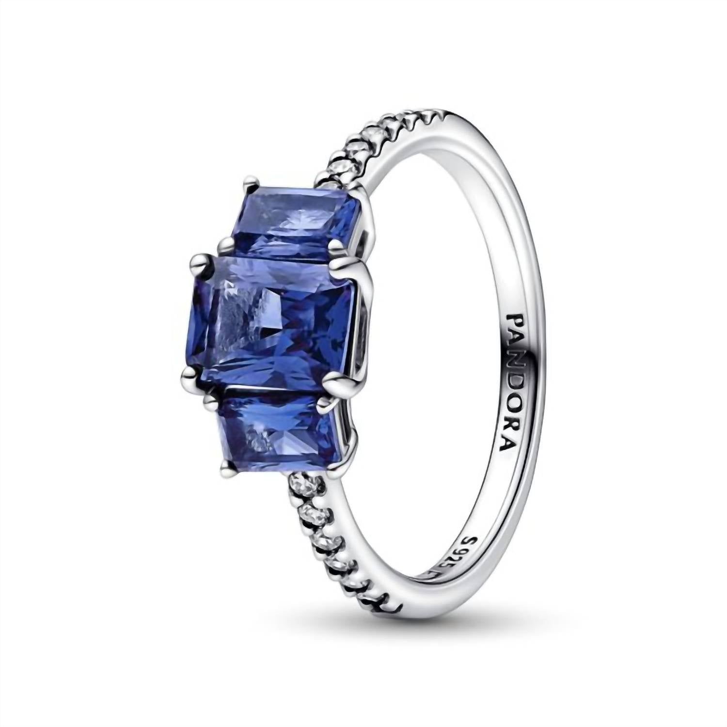 Pandora - Blue Rectangular Three Stone Sparkling Ring size 9
