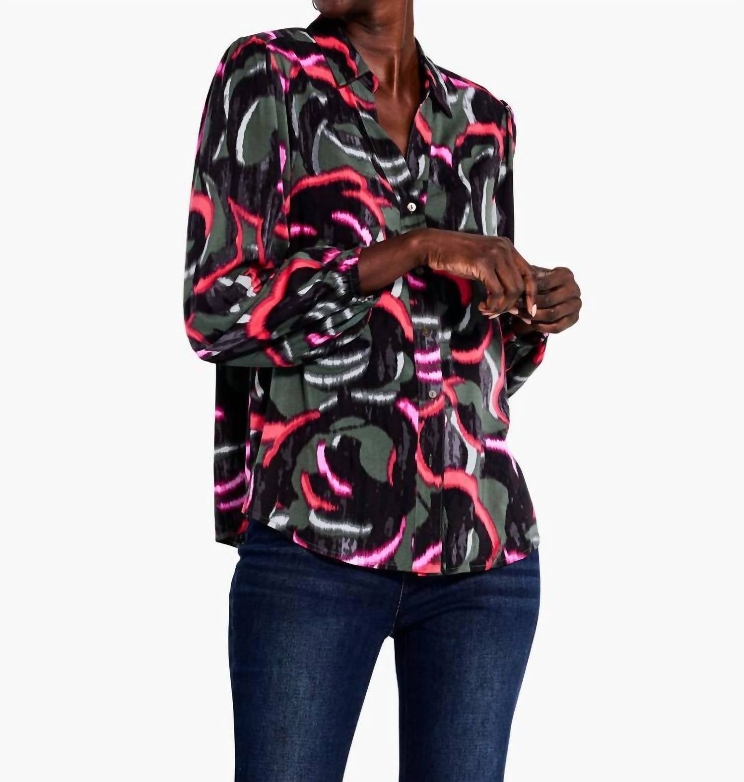 Nic + Zoe Nadalia Neon Doodle Live In Shirt in shirt in black olive pinks - women's blouse
