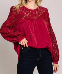 Davi & Dani - Soft Satin Blouse With Contrast Lace Neck