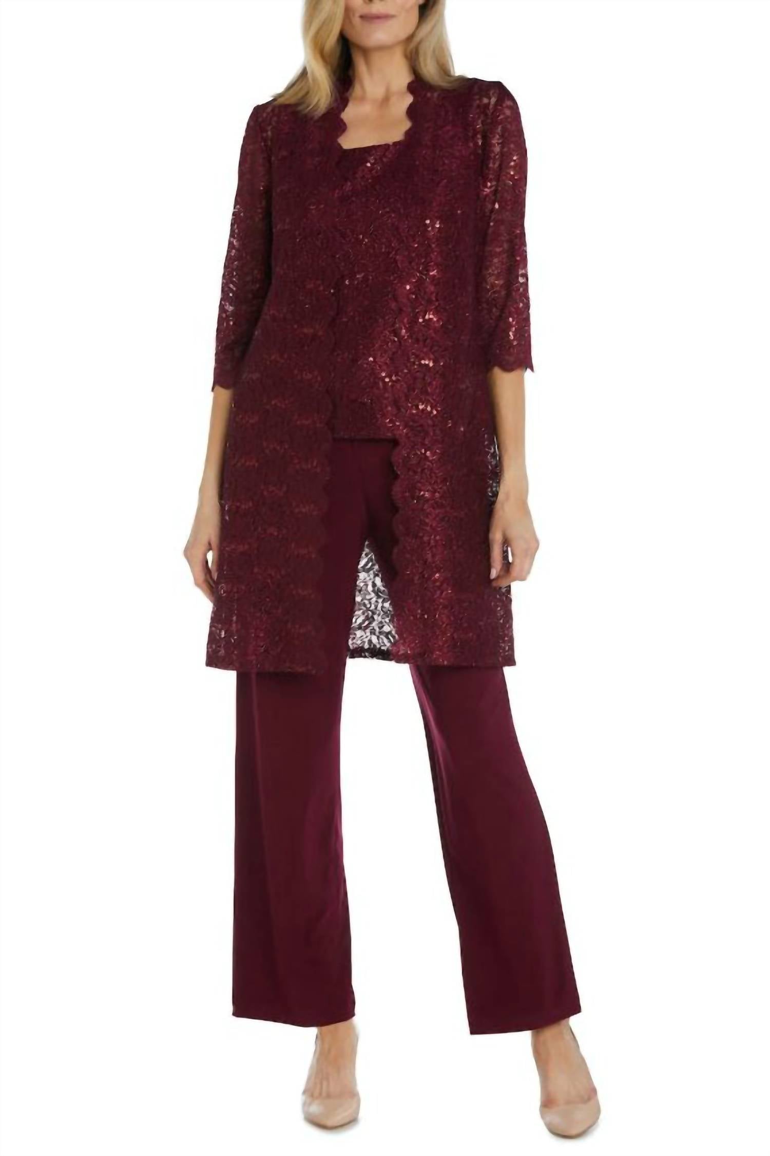 R&M Richards - Metallic Lace Tank Top And Pant Set With Sheer Lace Jacket