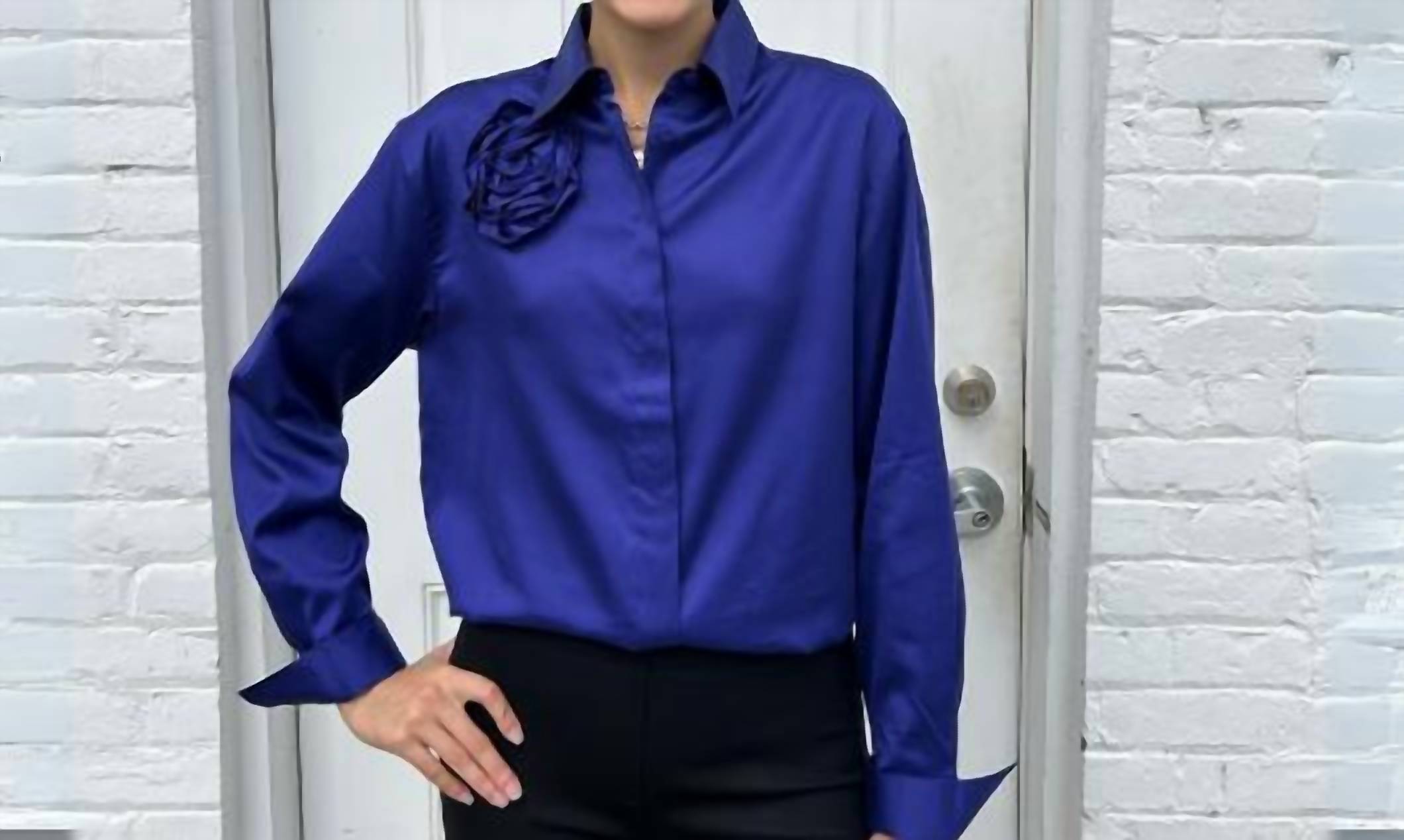 Hinson Wu Halsey Long Sleeve Blouse With Attached Flower in iris - women's blouse
