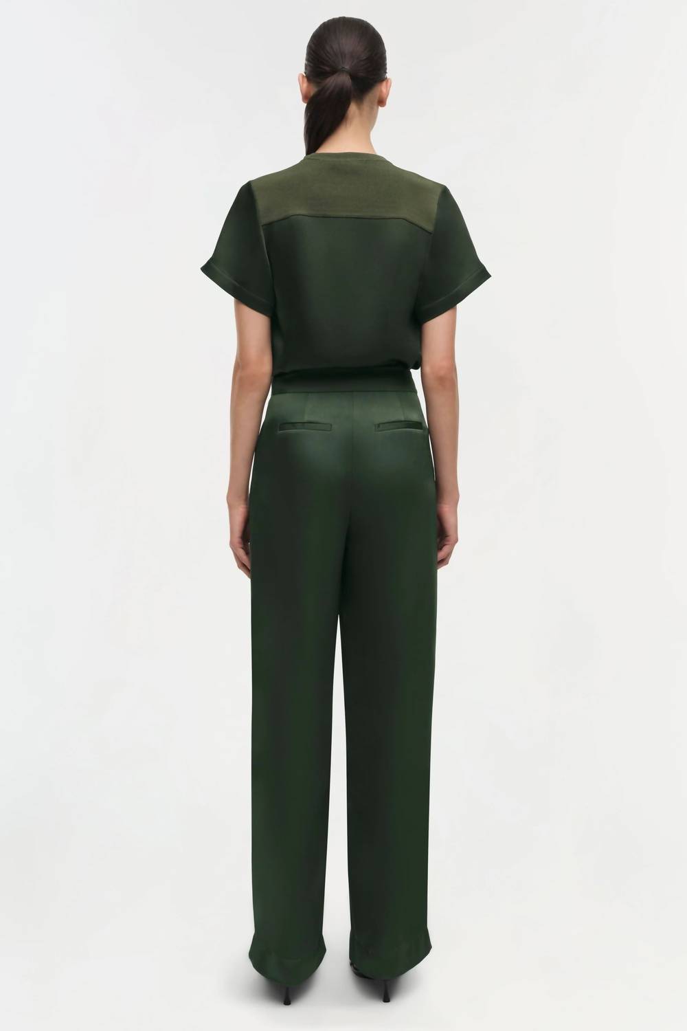 SIMKHAI Addy Short Sleeve Knit Back T-Shirt in moss - women's t-shirt - detail view
