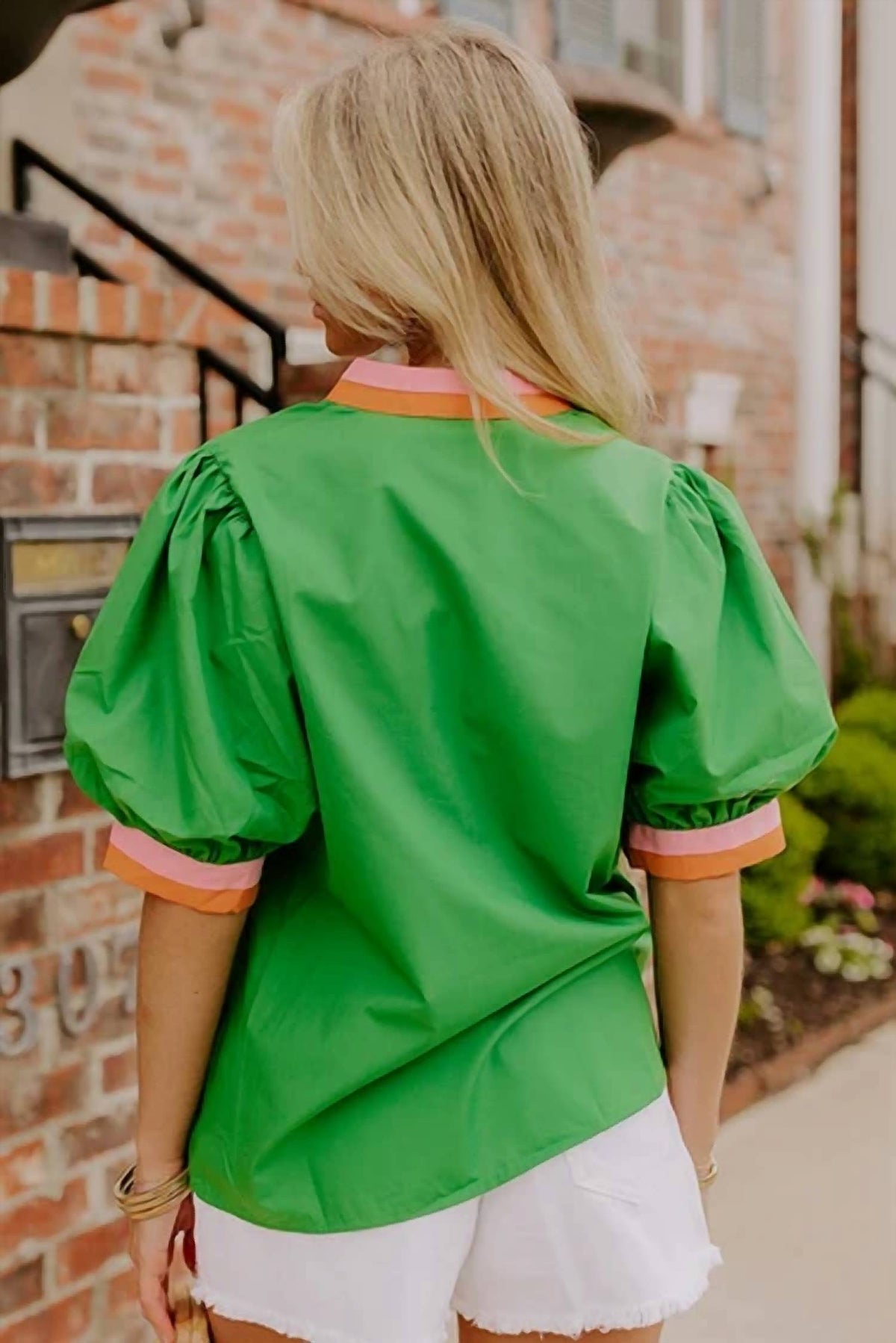 Style Usa - Puff Sleeve Top With Stripe Trim