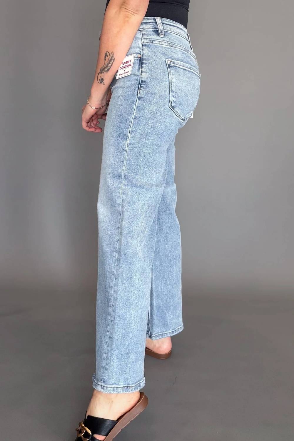 Risen - Tummy Control High Rise Crop Wide Leg Jeans
