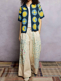 POL Crochet Knit Stars And Moons Shirt in navy multi - women's shirt - view 4
