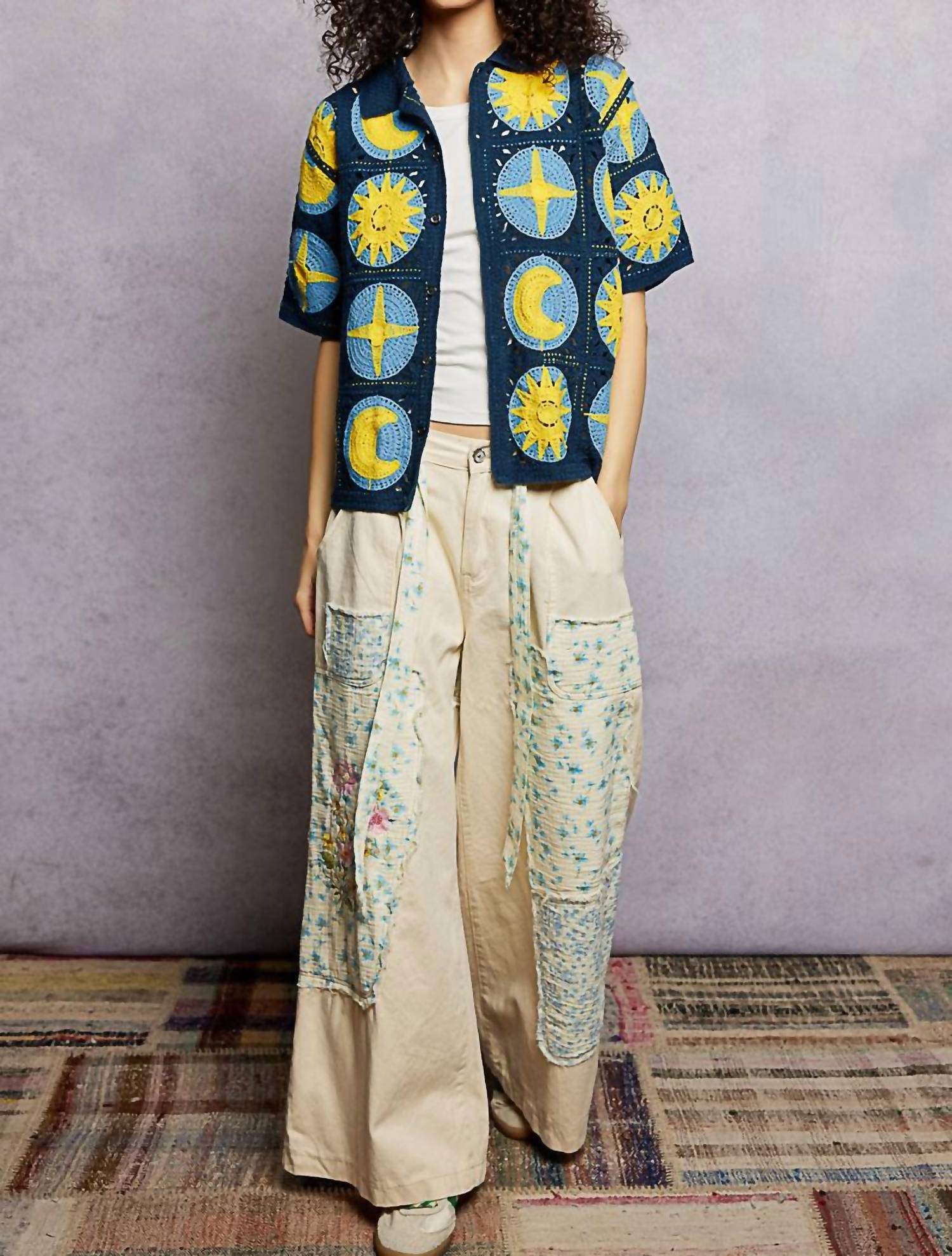 POL Crochet Knit Stars And Moons Shirt in navy multi - women's shirt - view 4