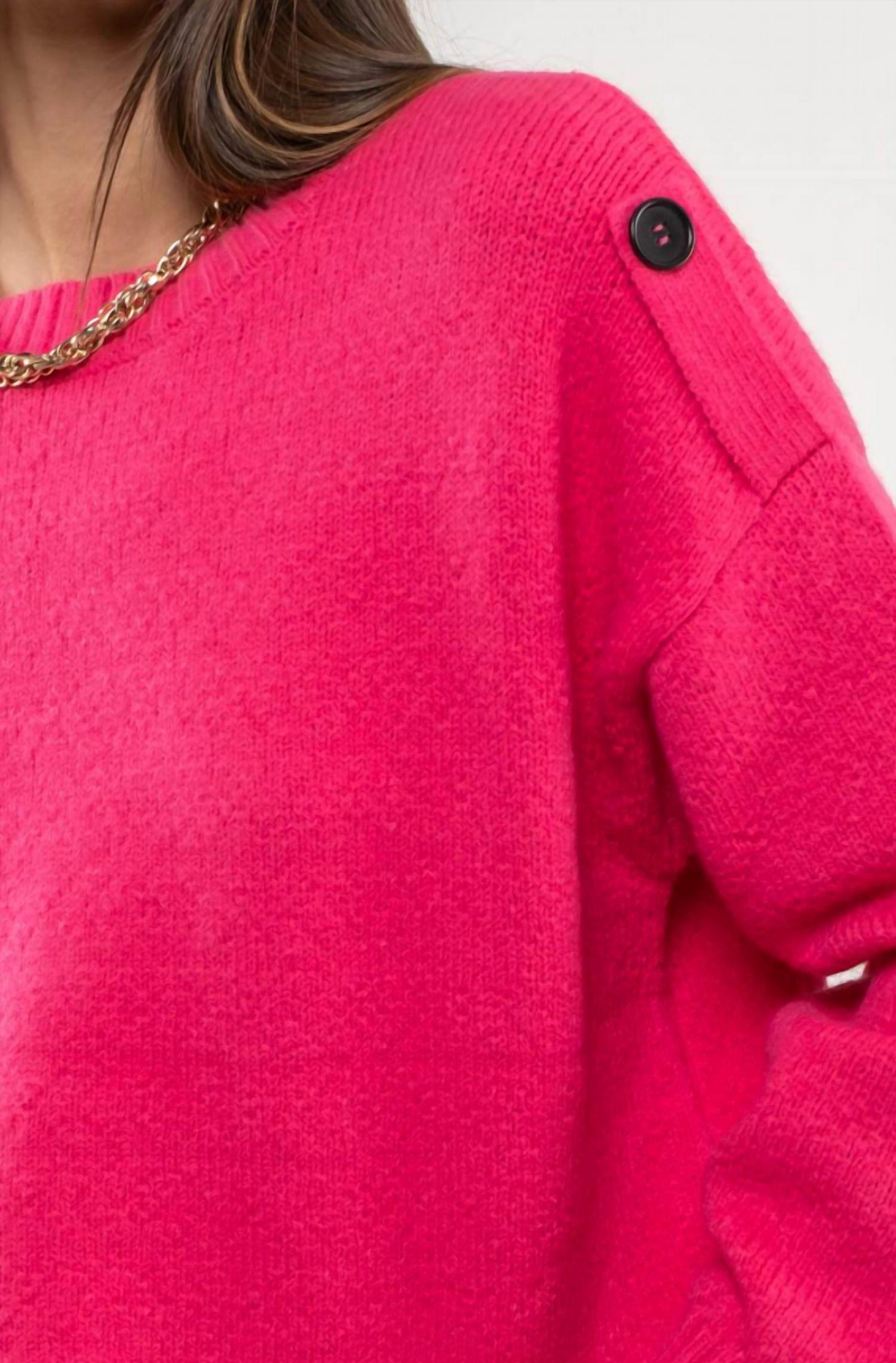 Blu Pepper Button Tab Shoulder Pullover Sweater in fuchsia - women's sweater - alternate view