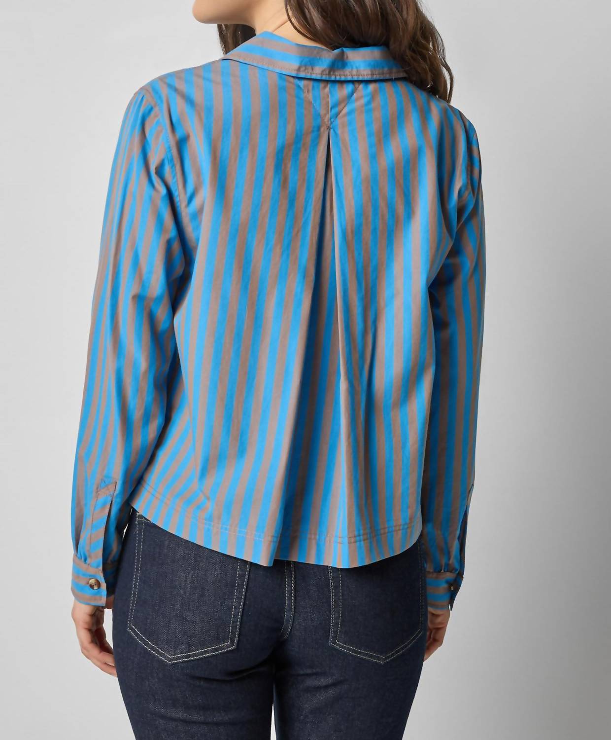 Lilla P Striped Split Neck Collared Shirt in cocoa lapis stripe - women's long sleeve top - alternate view