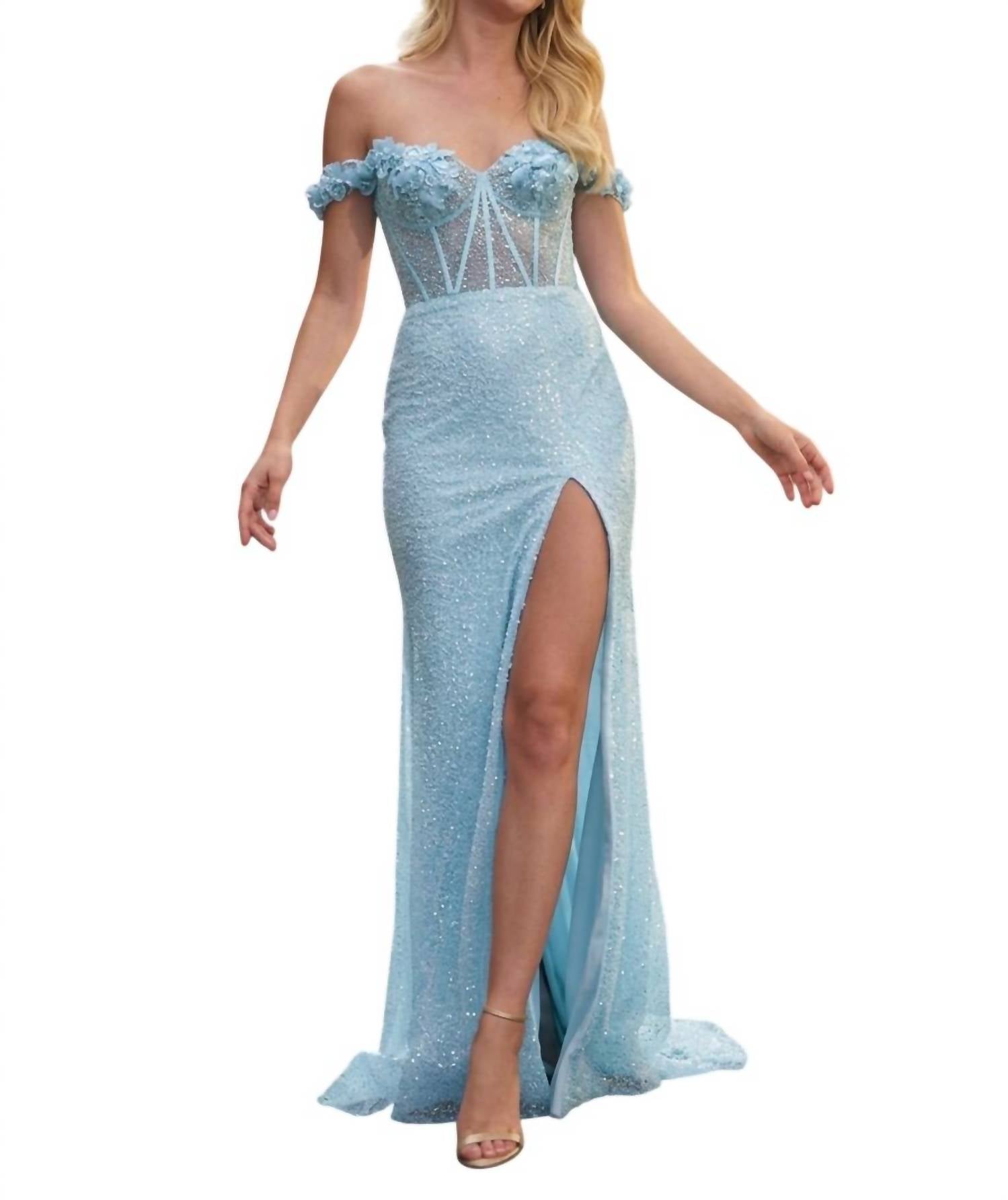 Sherri Hill Sheer Corset Off The Shoulder Dress in light blue - women's dress