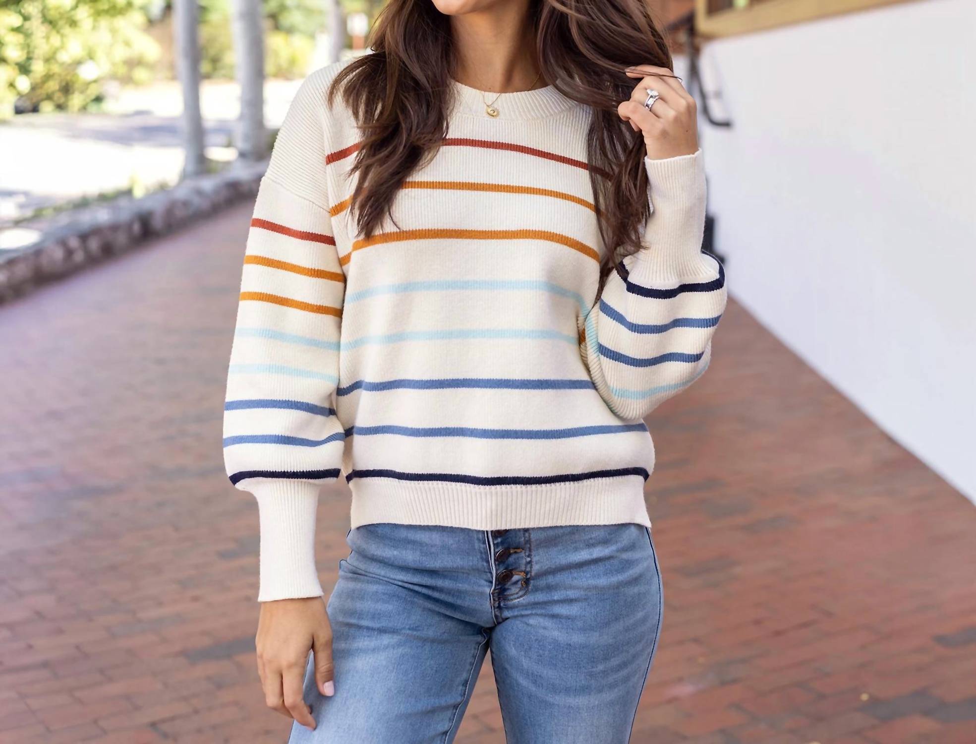 Grace and Lace Crew Neck Striped Sweater in ivory multi stripe - women's sweater - view 6