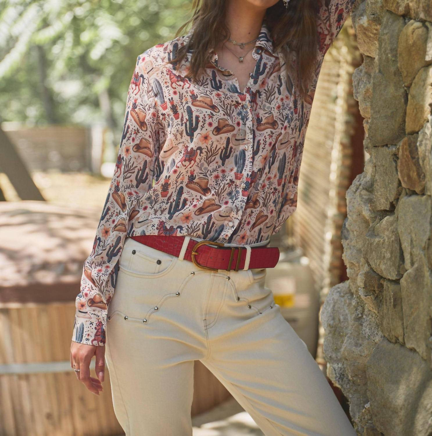 Blue B - Western Print Chiffon Button Up Blouse