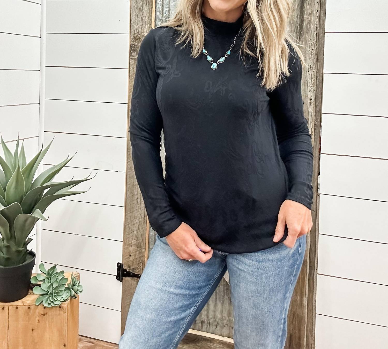 TRIBAL Long Sleeve Mock Neck Top in black - women's long sleeve top