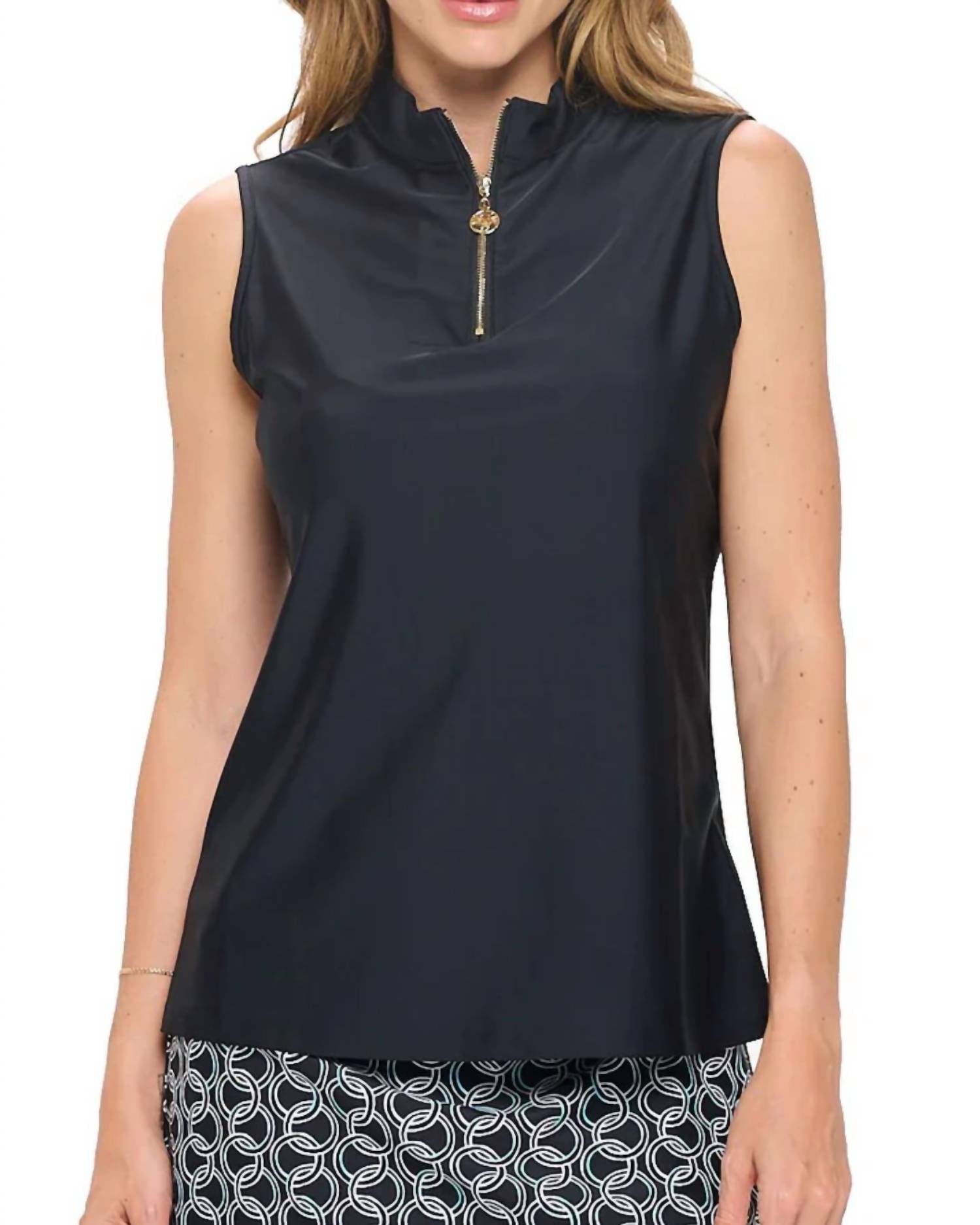 Aryeh Elaine Sleeveless Zip Top in black - women's tank top - detail view
