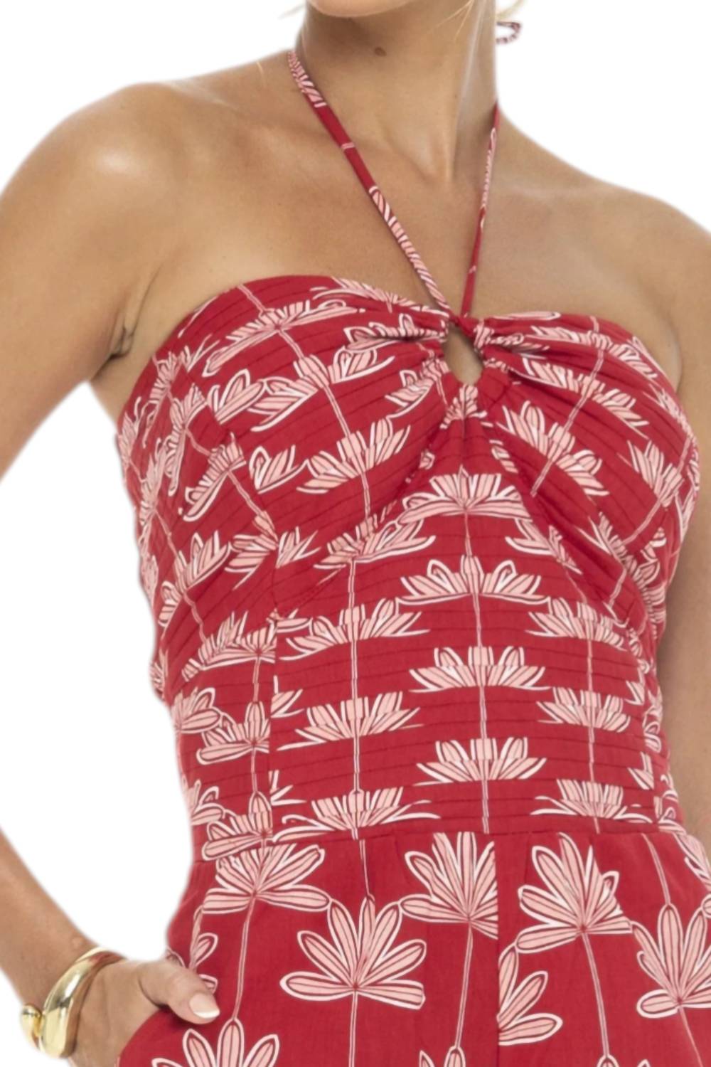 Phie Collective Planta Pleated Jumpsuit in red - women's pants - detail view