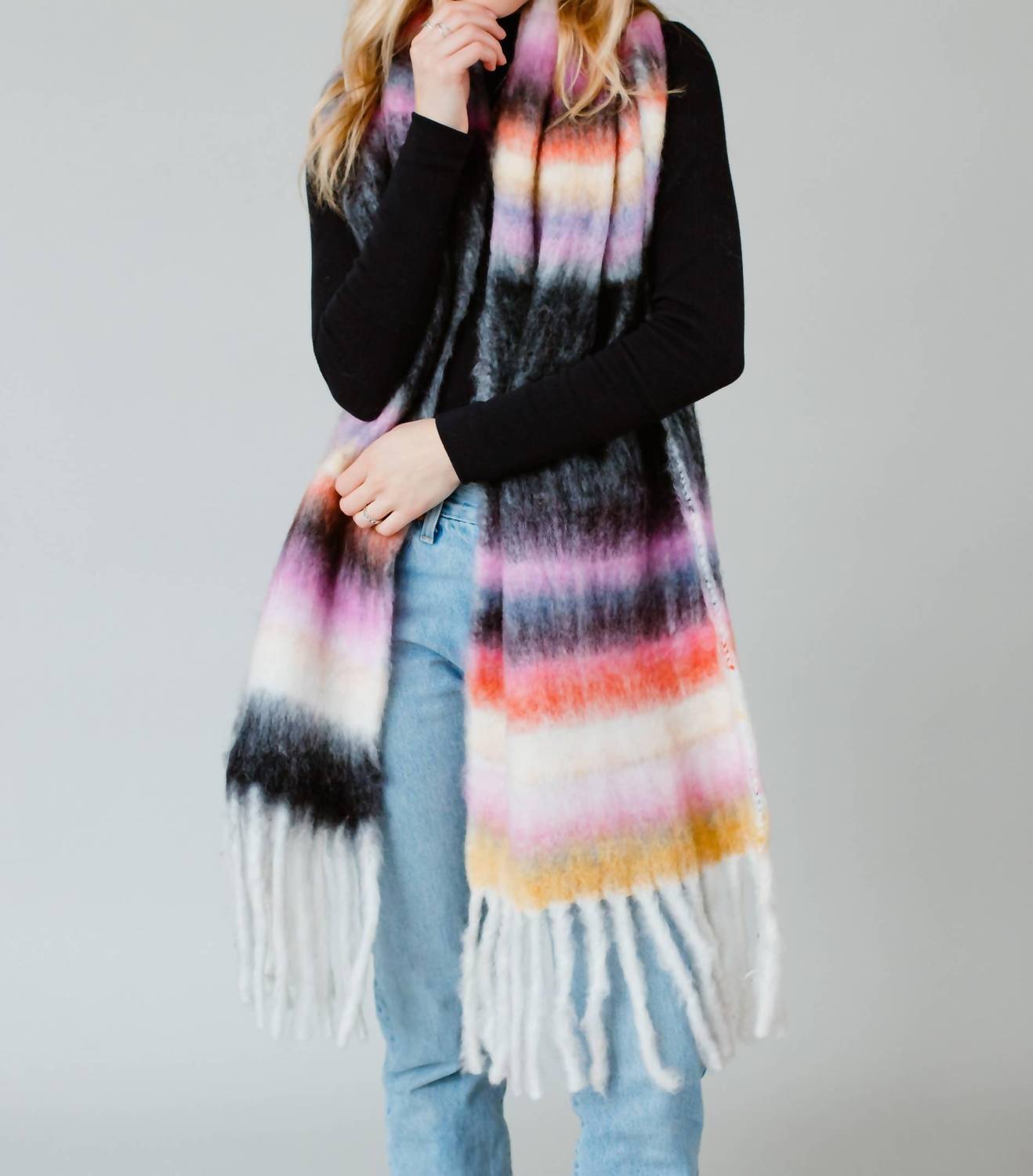 Panache Apparel Striped Fringe Scarf in black multi - women's scarf - detail view