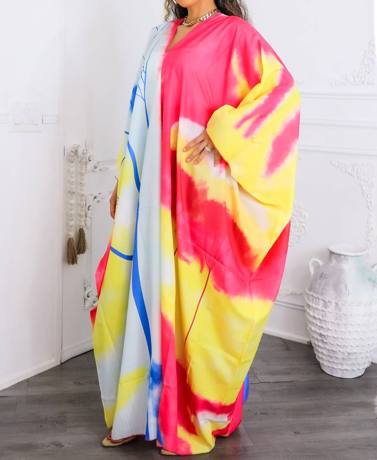 Surelymine - Colorburst Abstract Kimono Maxi Dress Flowy V-neck Style