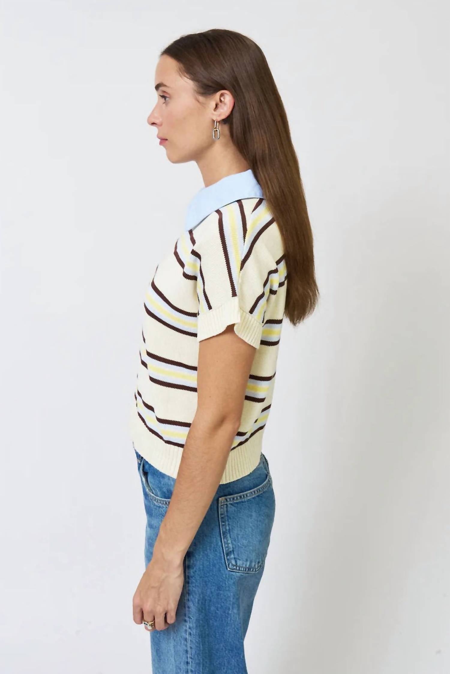 Central Park West Chloe Oxford Collar Sweater in cream stripe - women's blouse - alternate view