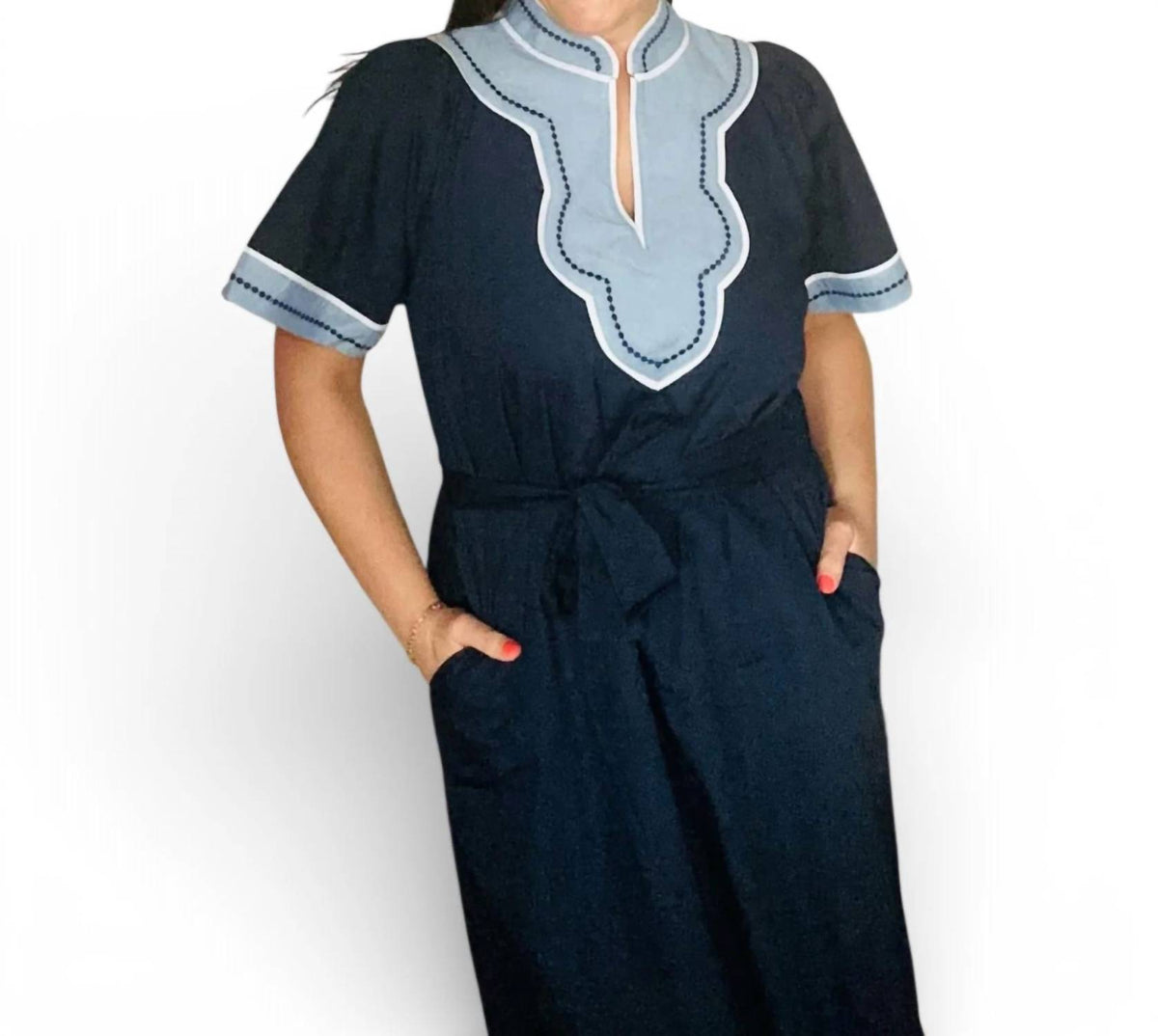 Thml - Caroline Short Sleeve Trimmed V-neck Belted Dress