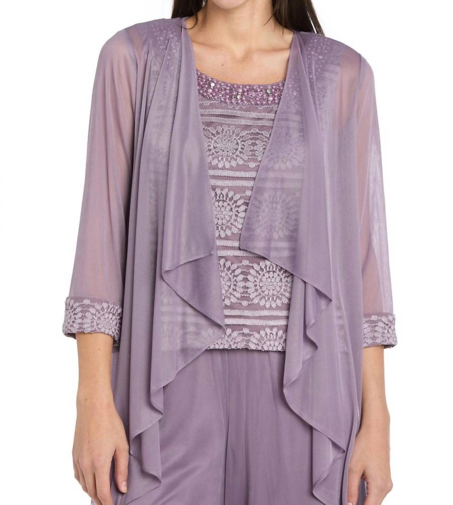 R&M Richards - Glitter Embroidered Pant Suit With Pearl Neckline