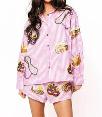 Queen Of Sparkles - Striped Cotton Mardi Gras Icon Top