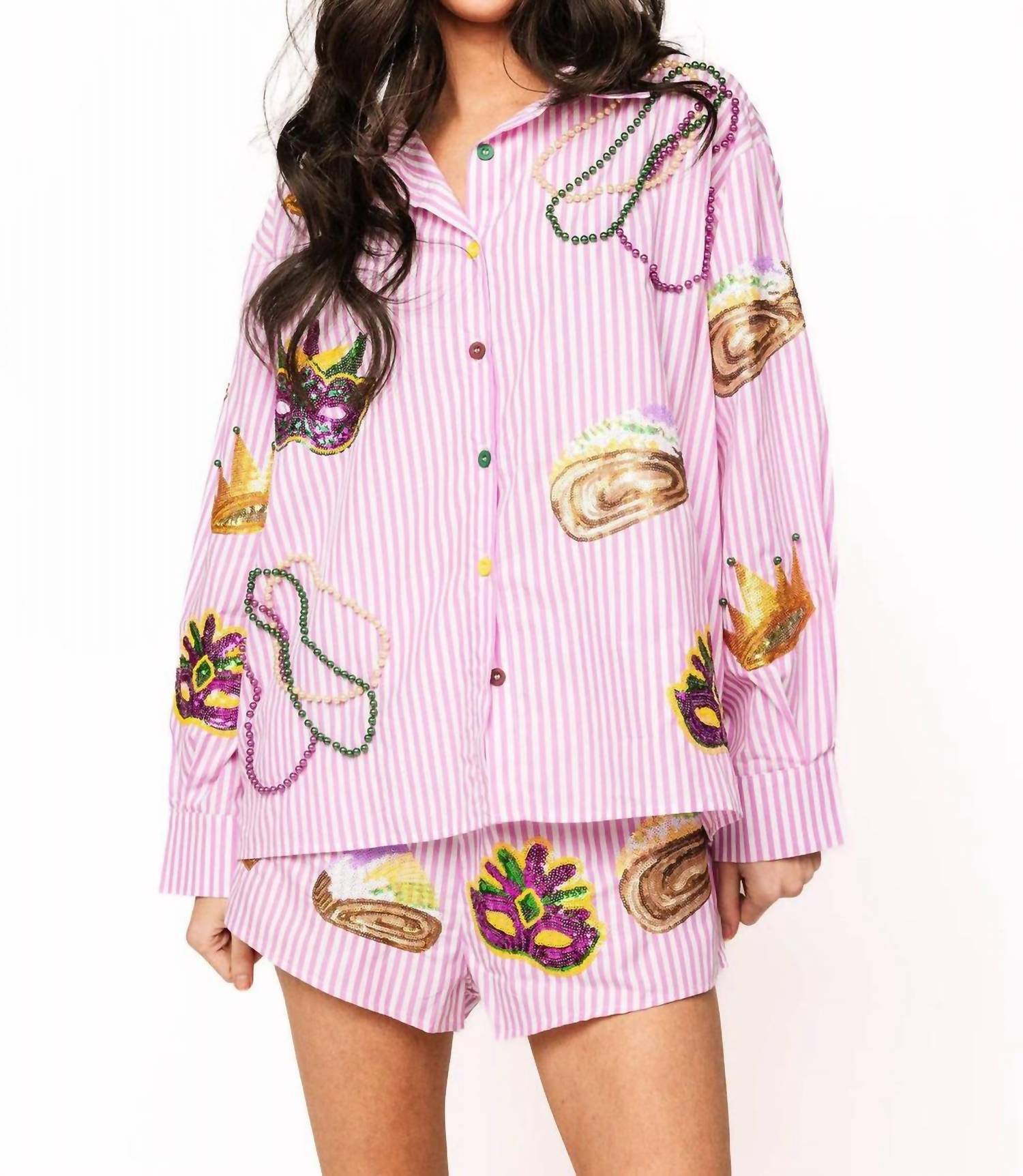 Queen Of Sparkles - Striped Cotton Mardi Gras Icon Top