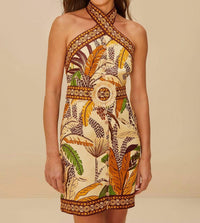 Farm Rio - Foliage Sketch Sand Halter Mini Dress