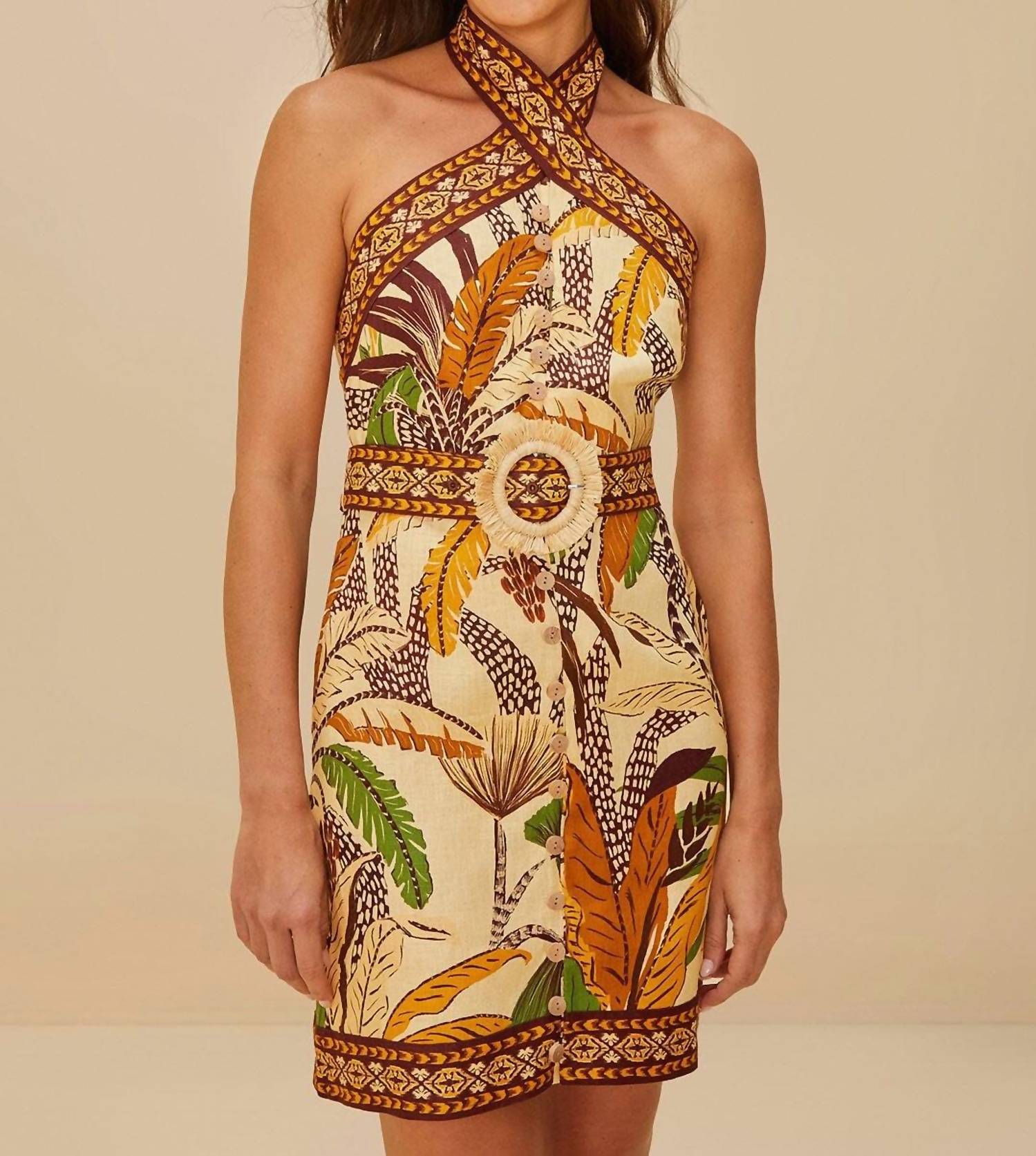 Farm Rio - Foliage Sketch Sand Halter Mini Dress