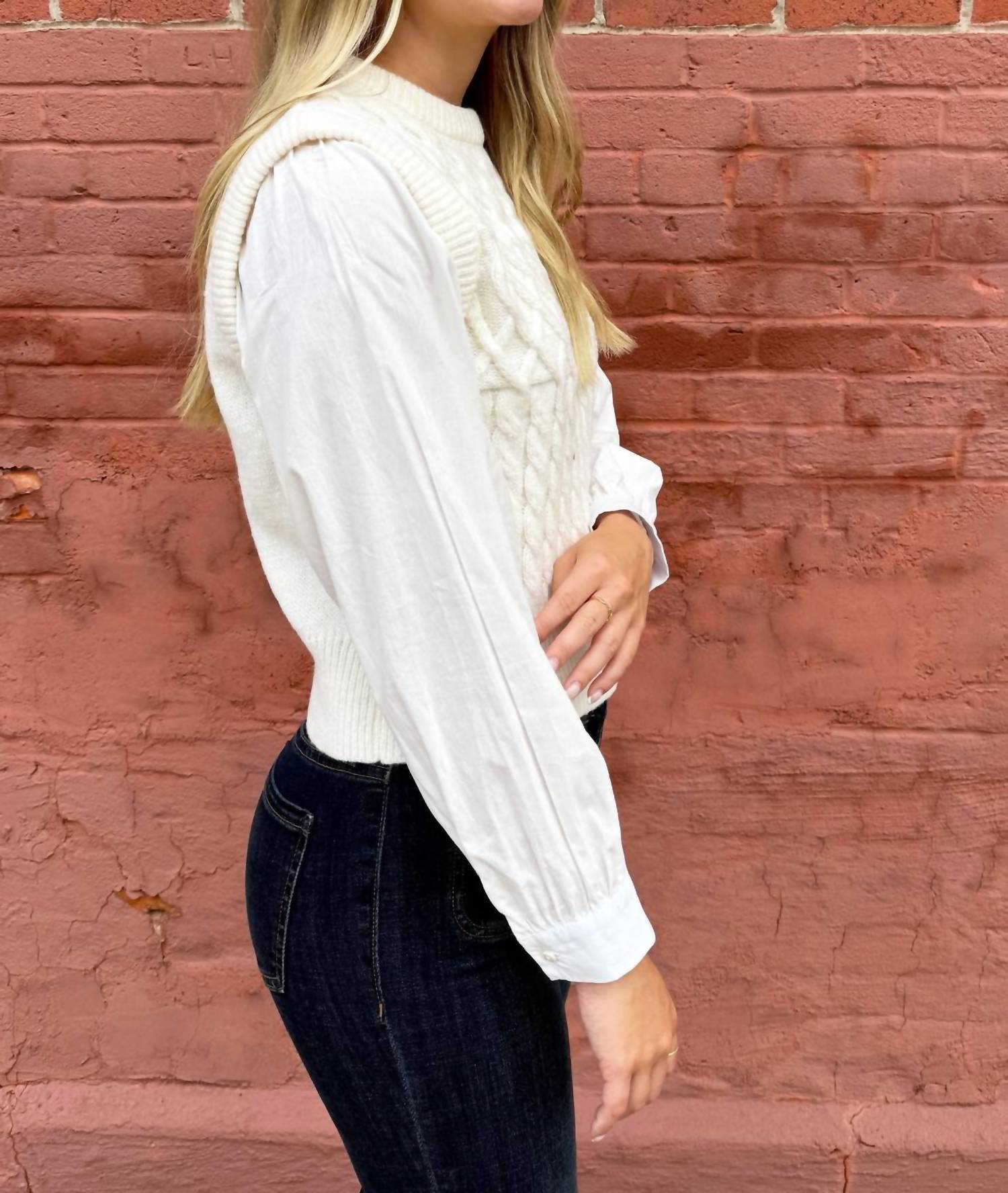 PINCH Knit Woven Combo Top in ivory - women's blouse - detail view