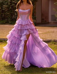 Sherri Hill Strapless Prom Dress With Chiffon Ruffle Skirt in lilac - women's dress - detail view