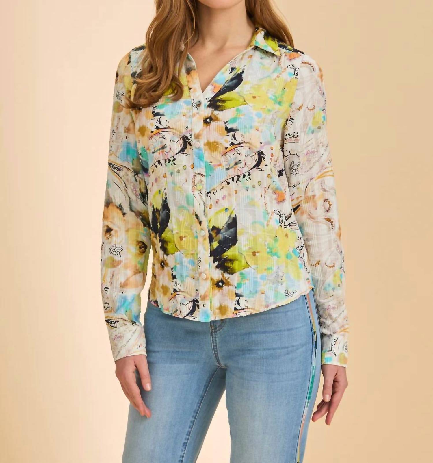 Fdj - Split Neck Print Long Sleeve Cotton Print Blouse