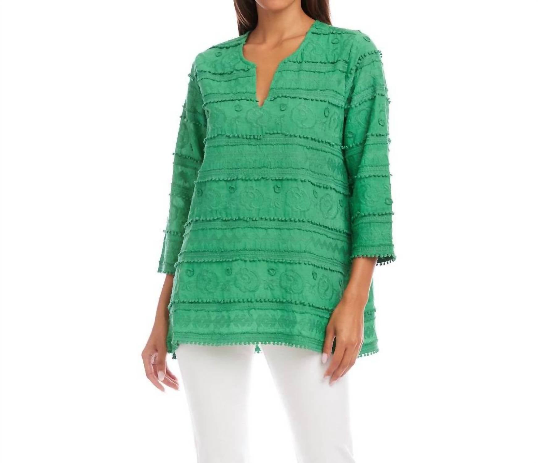 Karen Kane 3/4 Sleeve Embroidered Tunic in green - women's shirt