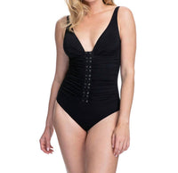 Profile By Gottex - D-Cup Lace Up V-Neck Plunge Shirred One Piece Swimsuit