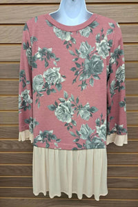 Potter'S Pot - Women's Floral Tan Chiffon Ruffled Trim Blouse