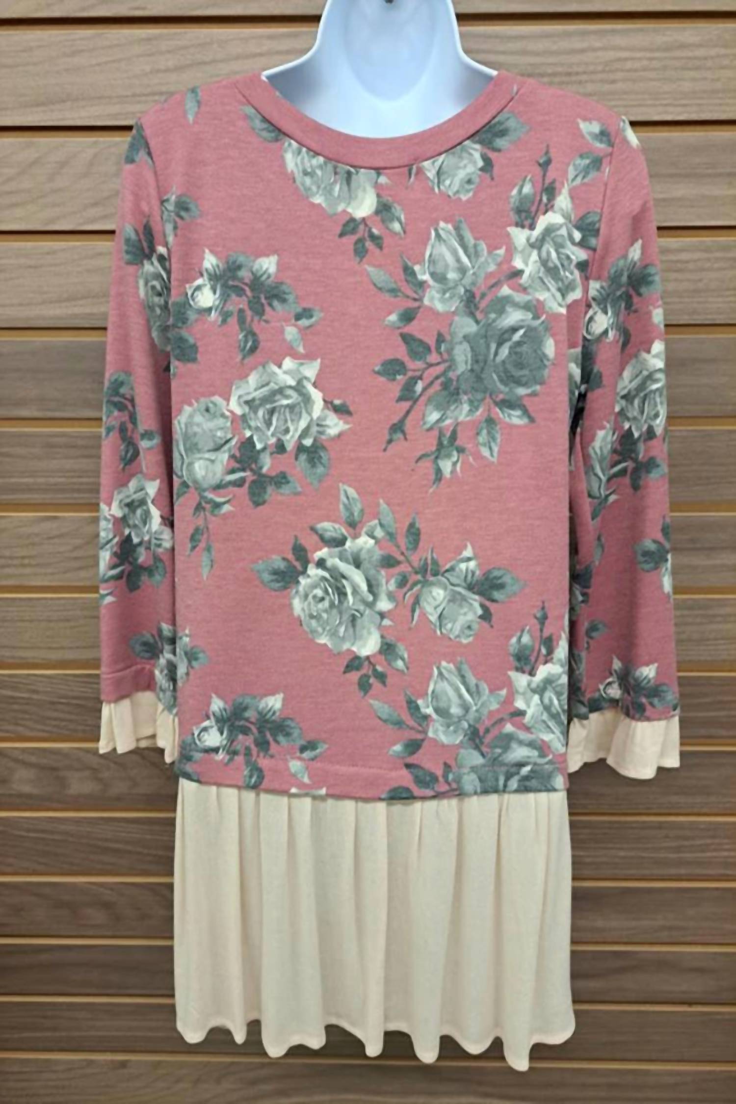 Potter'S Pot - Women's Floral Tan Chiffon Ruffled Trim Blouse