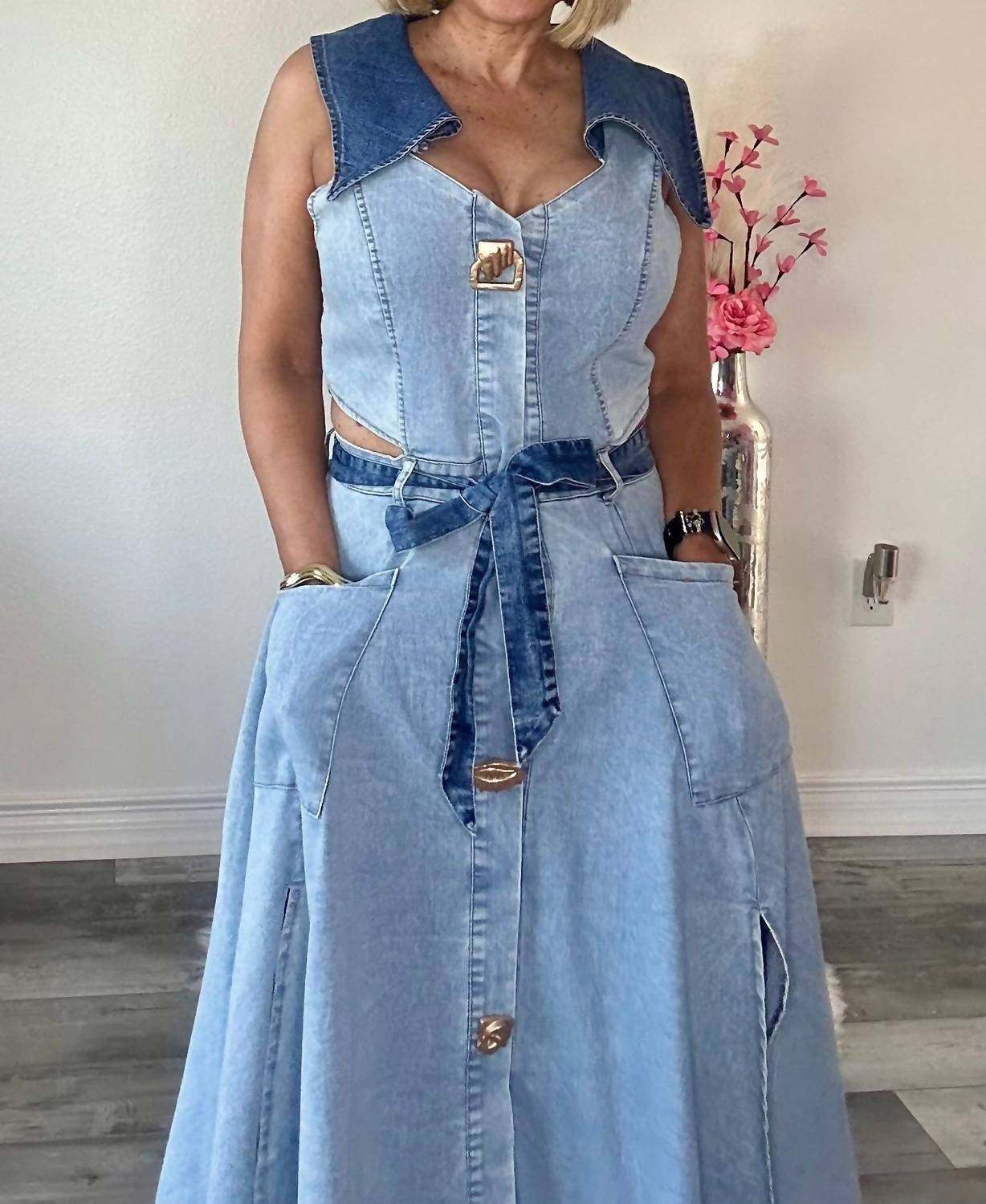 Pastel Design - Denim Belted Midi Dress