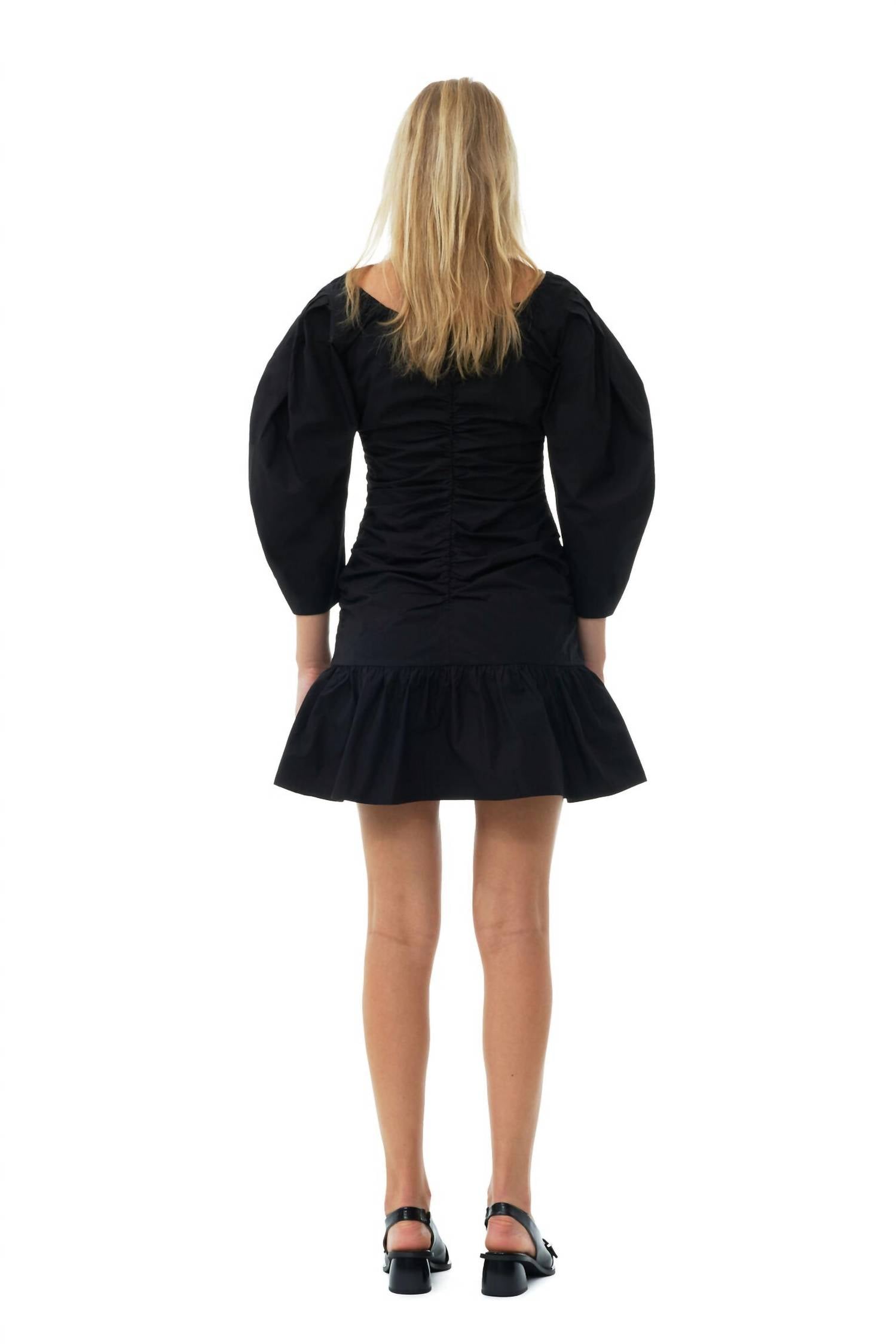 Ganni - Cotton Poplin Gathered U-neck Mini Dress