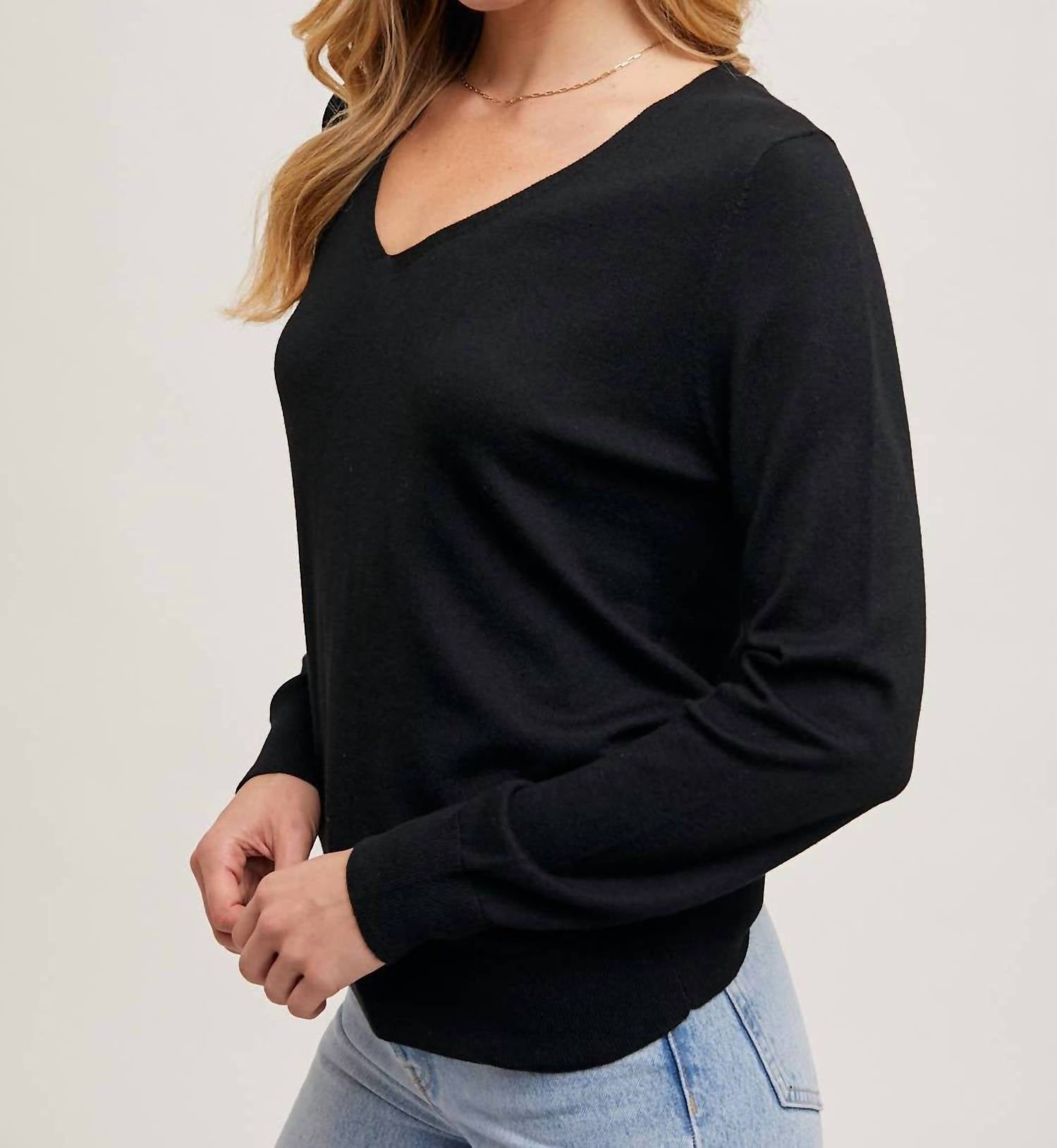 Bluivy - V-neck Knit Long Sleeve Sweater