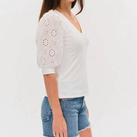 Six/Fifty - Esme Ribbed Eyelet Sleeved V-Neck Top