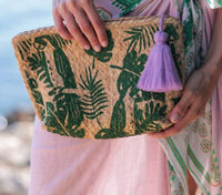 Shiraleah Women's Allegra Tropical Zip Cosmetic Pouch in green tan - women's bag - detail view