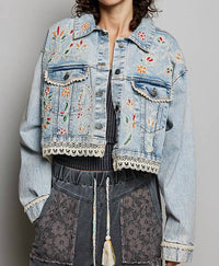 Pol - Shakira Beaded Boho Eyelet Lace Trim Crop Denim Swing Jacket