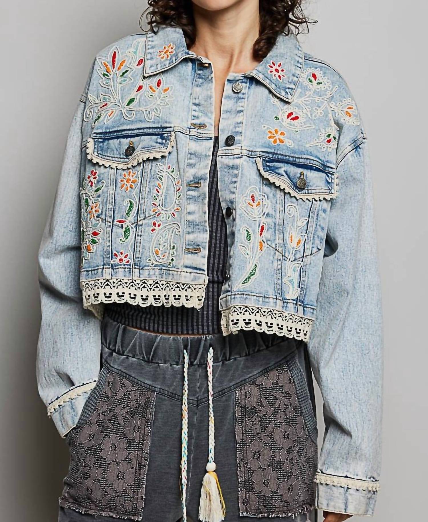Pol - Shakira Beaded Boho Eyelet Lace Trim Crop Denim Swing Jacket