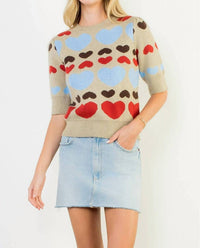 THML With All My Heart Short Sleeve Heart Knit Top in beige multi - women's sweater