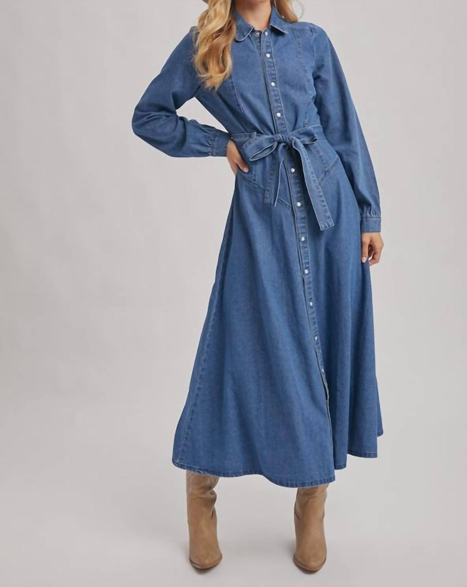 Bluivy - Denim Button Down Belted Shirt A-line Maxi Dress