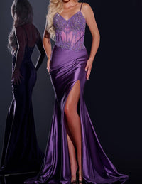 JOVANI Fitted Satin Gown With Beaded Bodice And High Slit in purple - women's dress